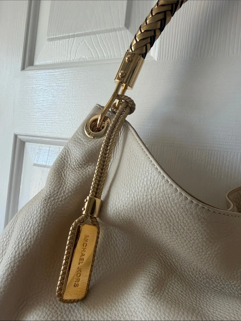 Michael Kors Cream Leather Shoulder Hobo with Gold Braided Handle